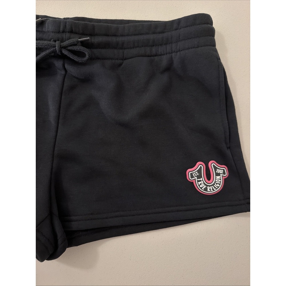 NWT True Religion TR Script Shorts Black Fleece Sweat Shorts Pink Logo Large